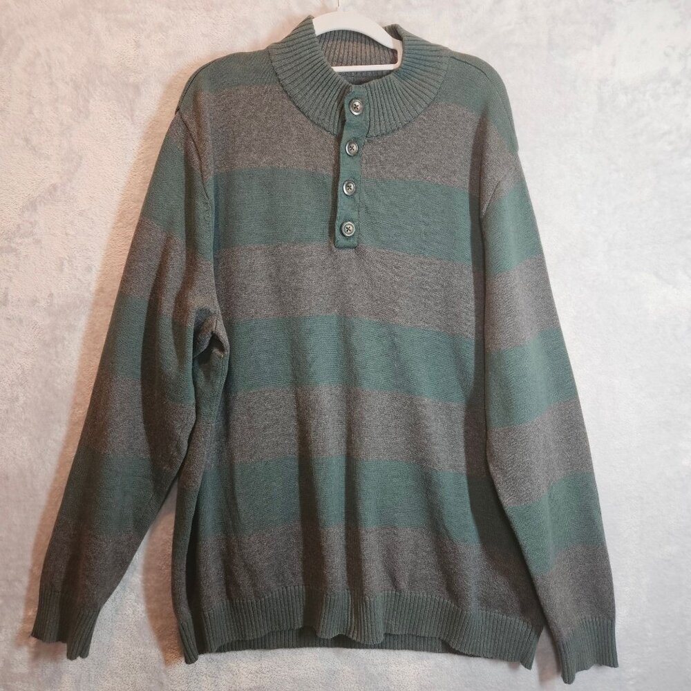 Club Room Sweater Mens XL Striped Green Wool Blend 1/4 Button career hipster